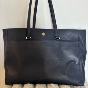 Tory Burch Navy Saffiano Leather Tote with Gold Logo